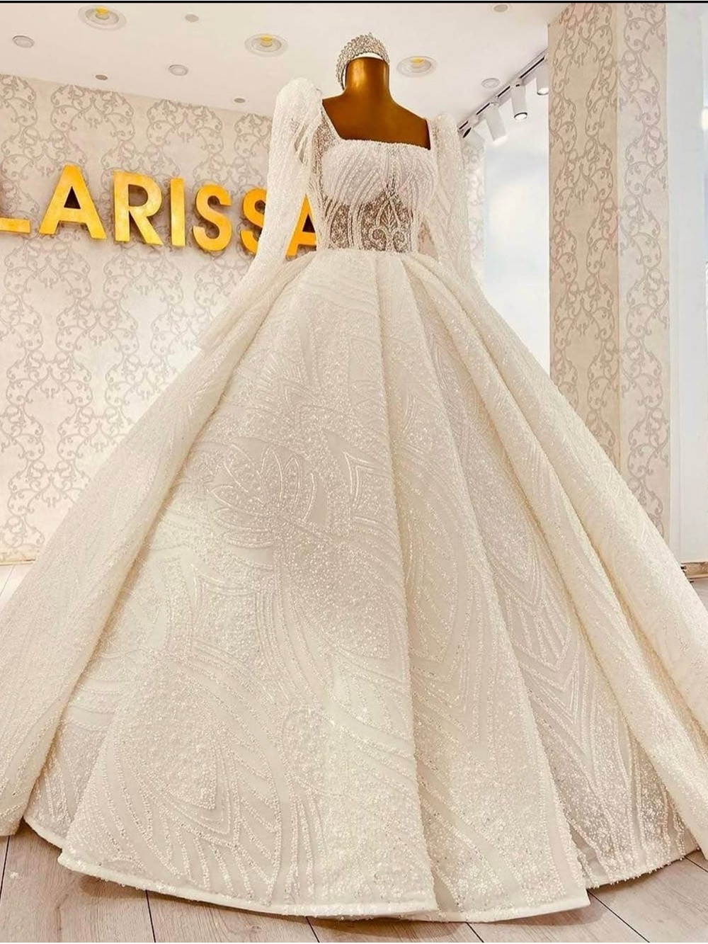 Ivory Sparkle Ball Gown Wedding Dress with Puff Sleeves